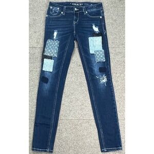 Grace in LA Skinny Women's 5 Pocket Distressed Patchwork Denim Jeans Size 25
